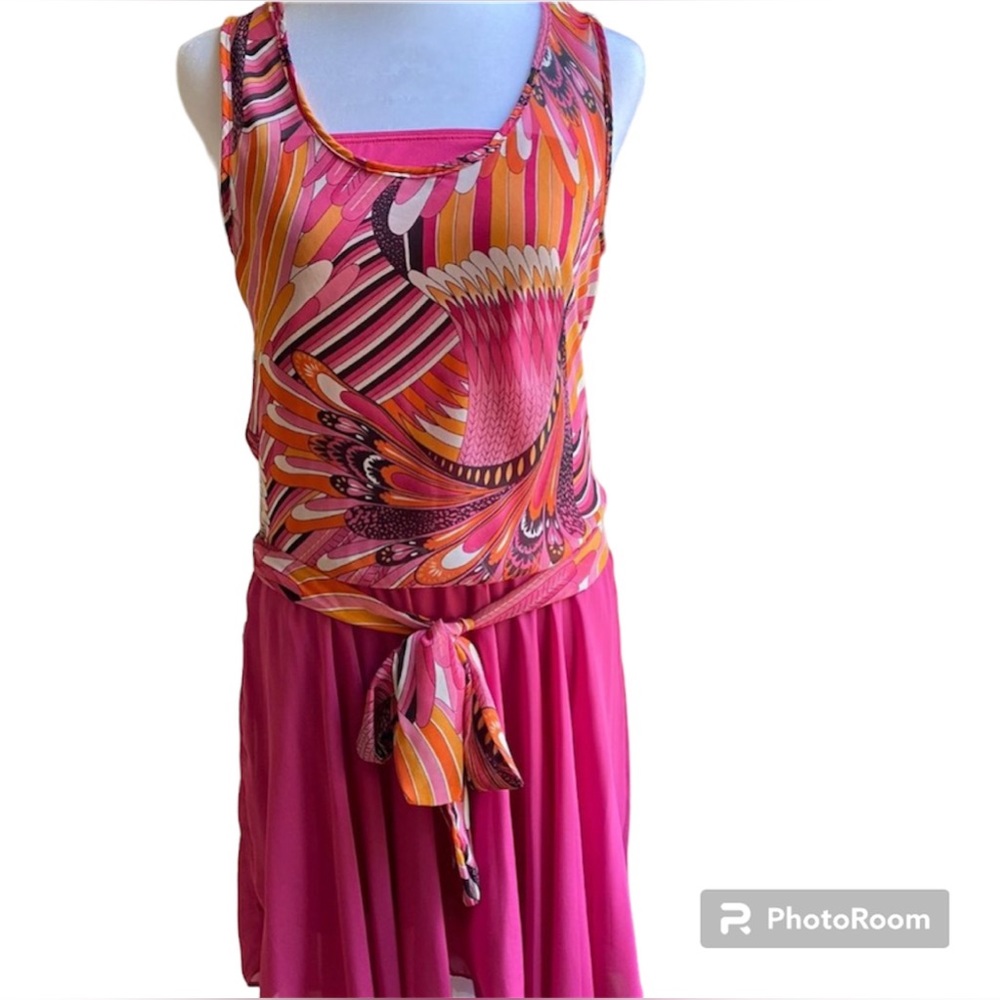 NWOT Women's Groovy Sleeveless Pink & Orange Boho Dress Hi-Lo Style Size Medium
